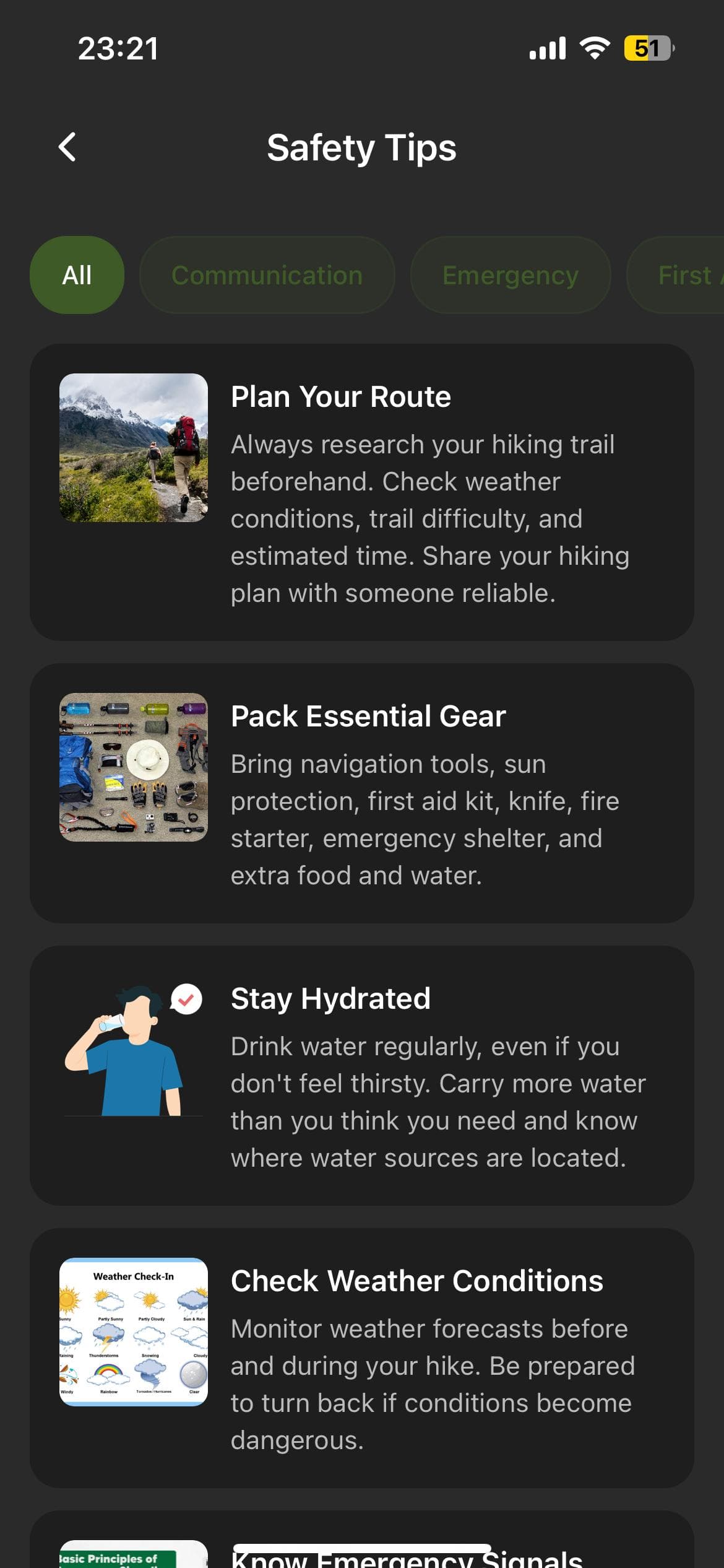HikeMate safety tips list covering route planning, essential gear, hydration and weather checks
