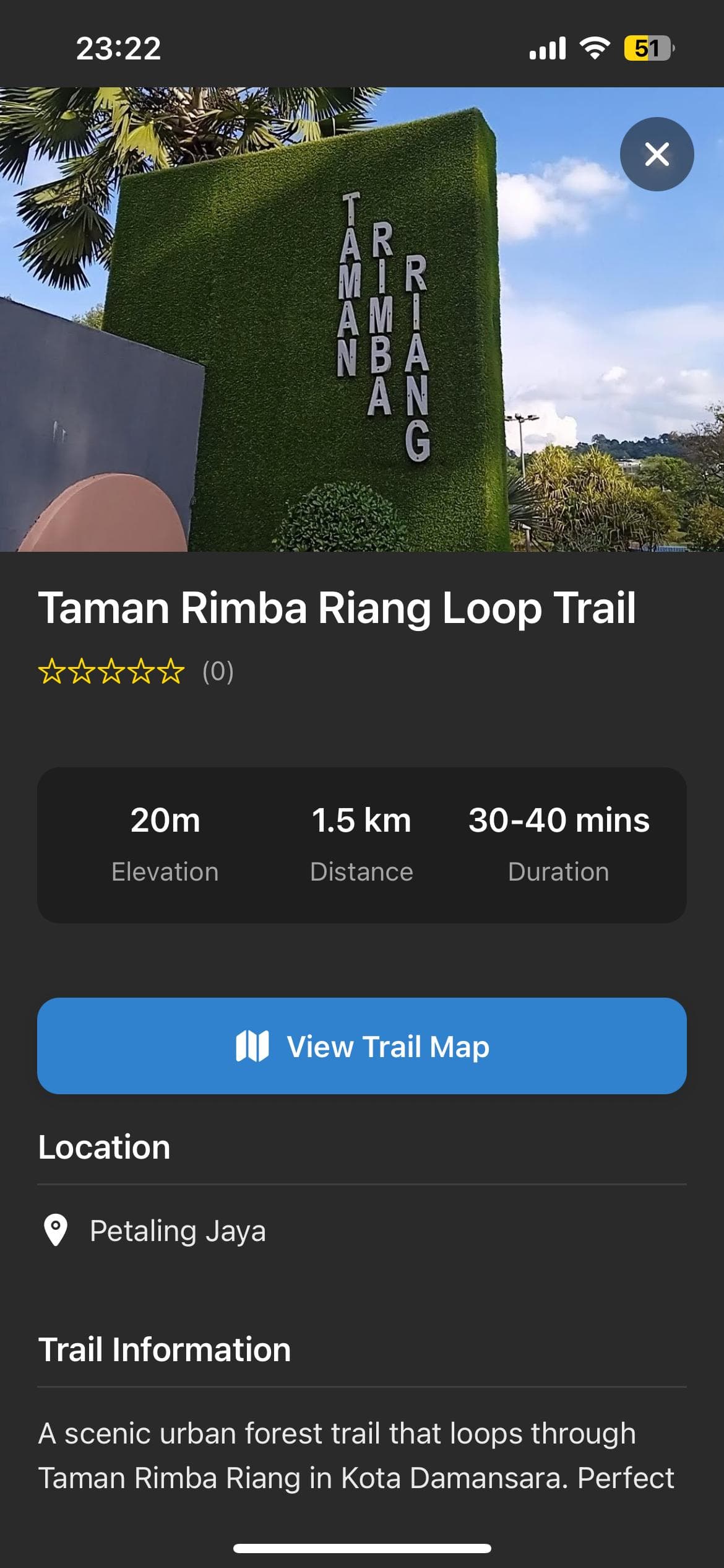 HikeMate trail detail for Taman Rimba Riang Loop Trail showing elevation, distance, duration and a link to the trail map