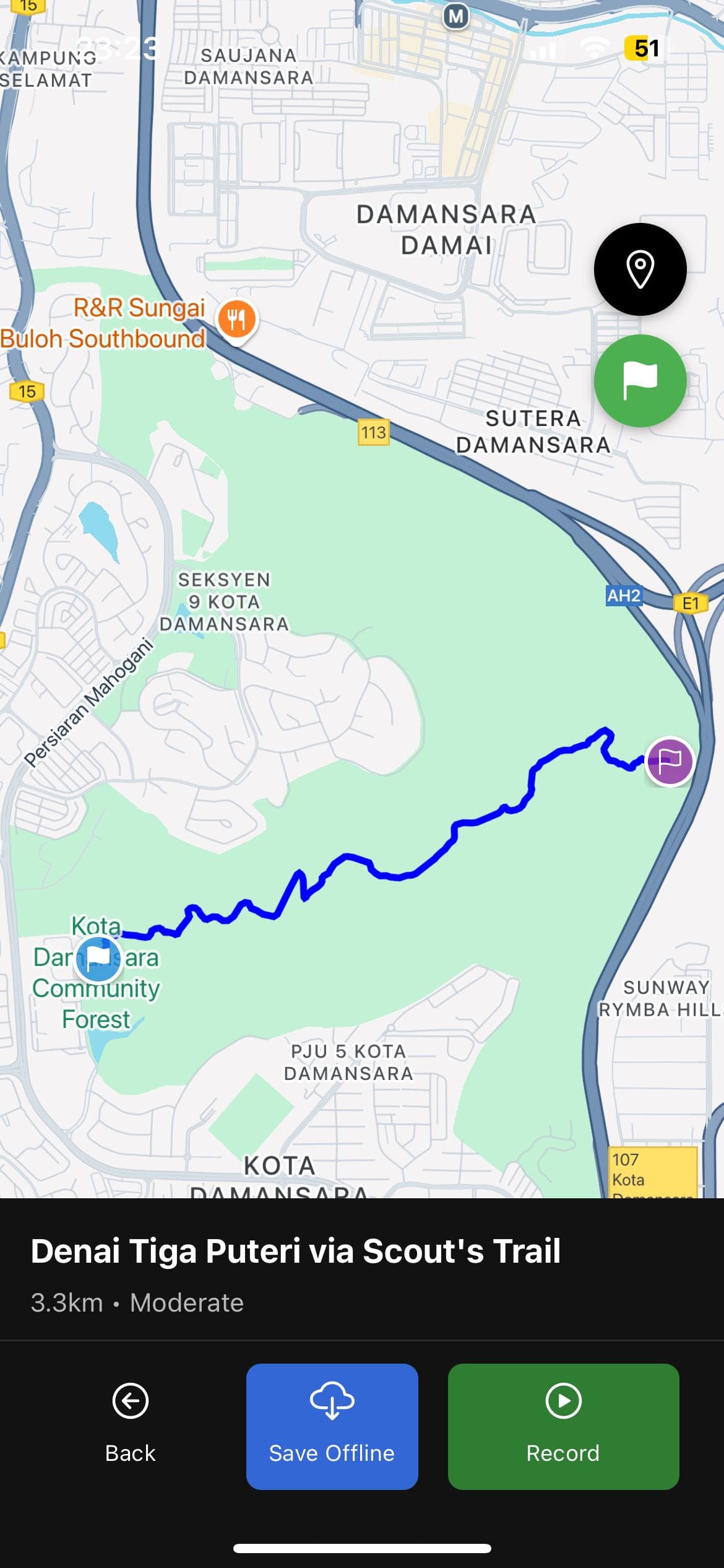 HikeMate map showing the route of Denai Tiga Puteri via Scout's Trail, with options to save the map offline or start recording